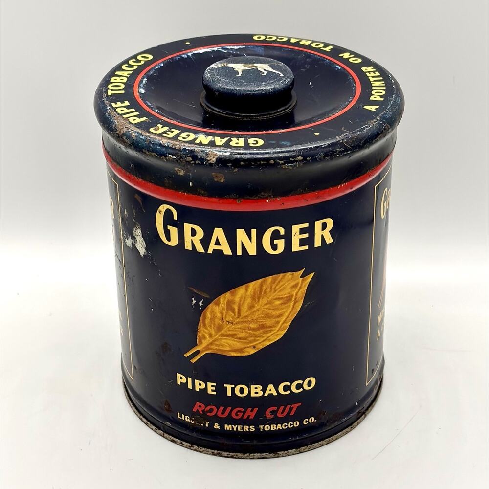 Vintage GRANGER Rough Cut Pipe Tobacco Can Pointer Dog on Lid EMPTY